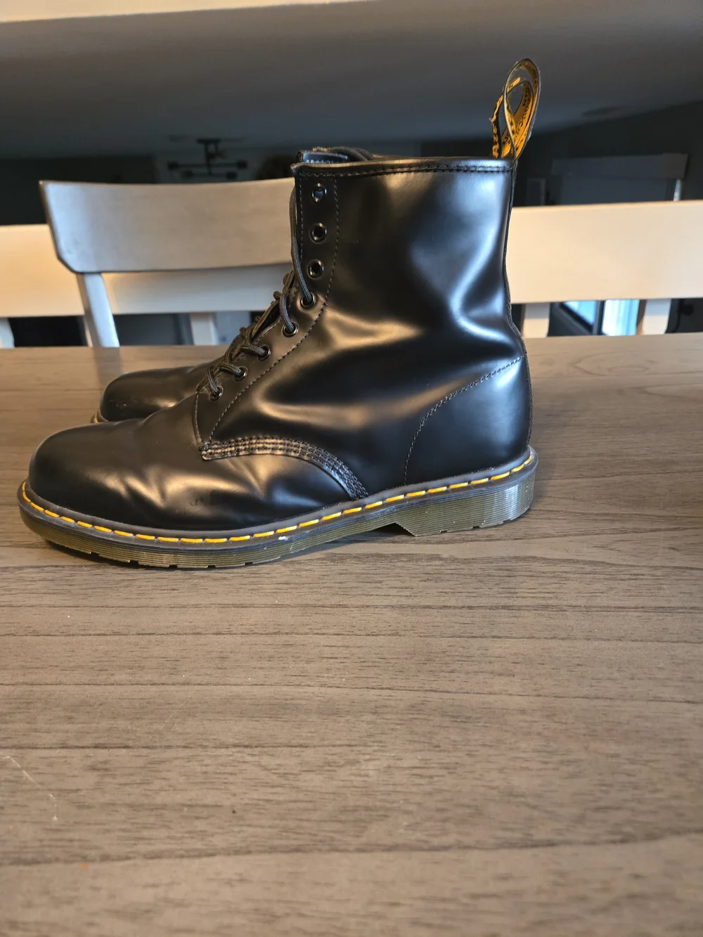 Dr. Martens Black Leather 8-Eye Lace-Up Boots with Yellow Stitch